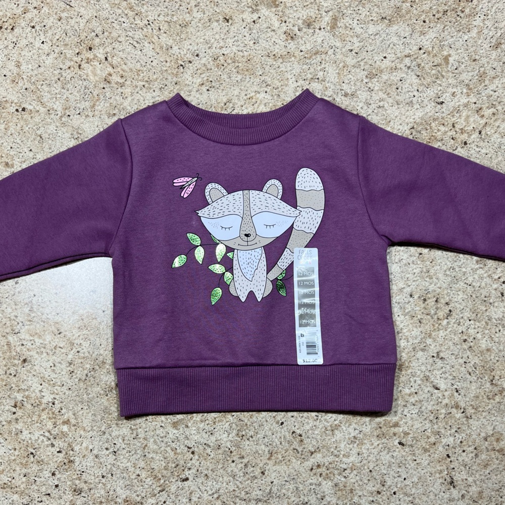 NWT Falls Creek Kids Purple Raccoon Sweatshirt - 12 Month